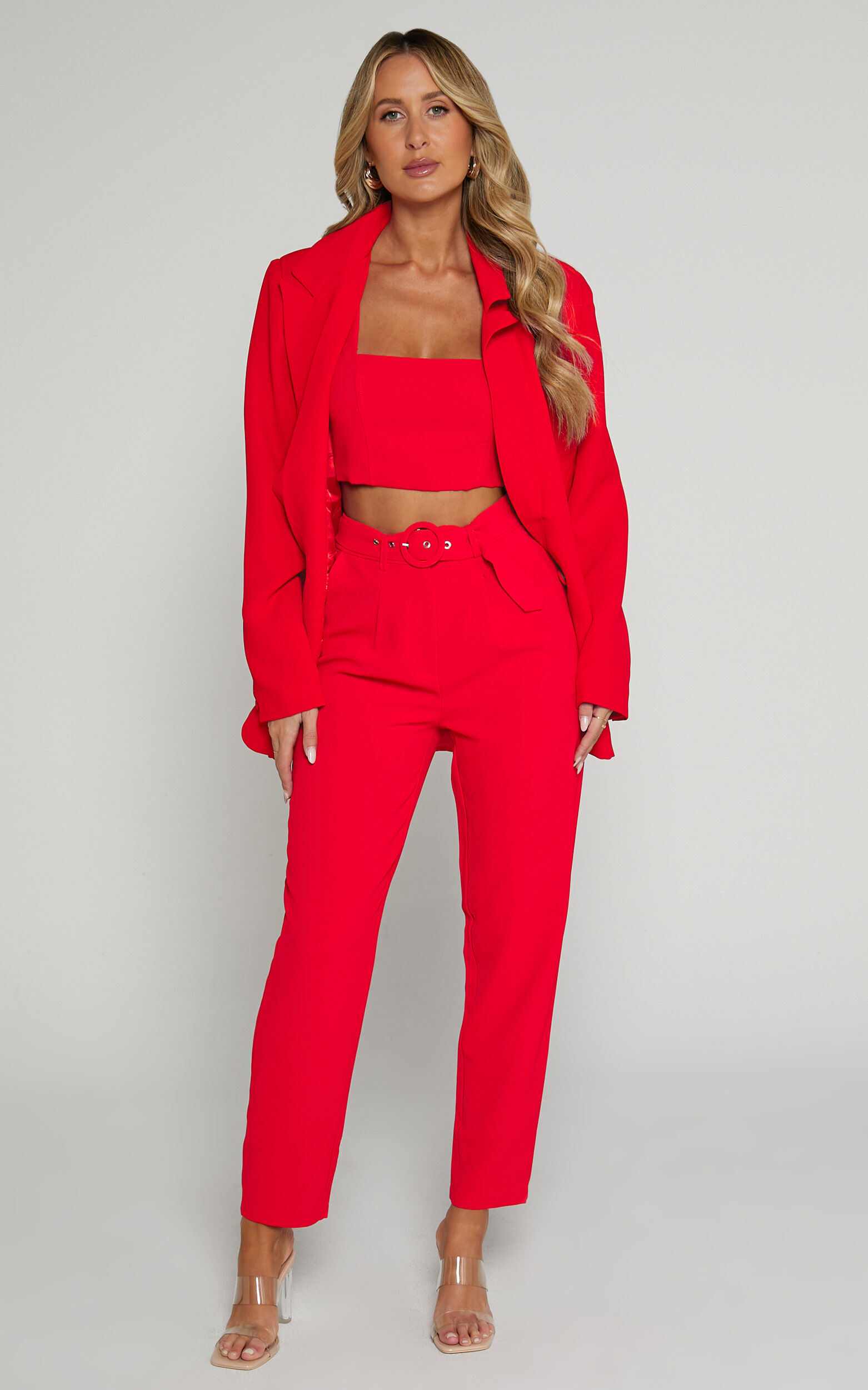 Reyna Two Piece Set Crop Top and Tailored Pants Set in Red Showpo