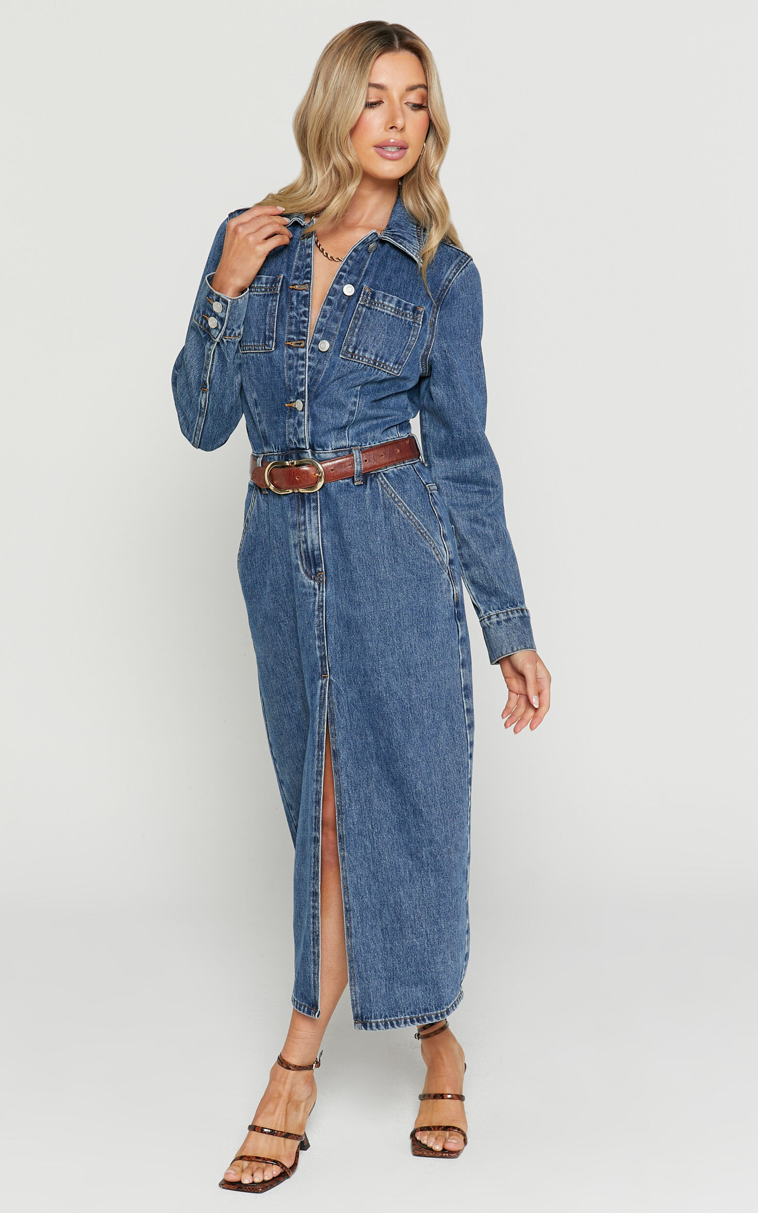 Alison Midi Dress Long Sleeve Front Split Denim Dress in Mid
