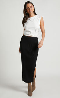 Andalucia Midi Skirt - Ribbed Side Split Skirt in Black