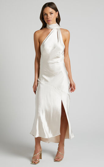 Evana Midi Dress - High Asymmetrical Neck Satin Slip Dress in Champagne