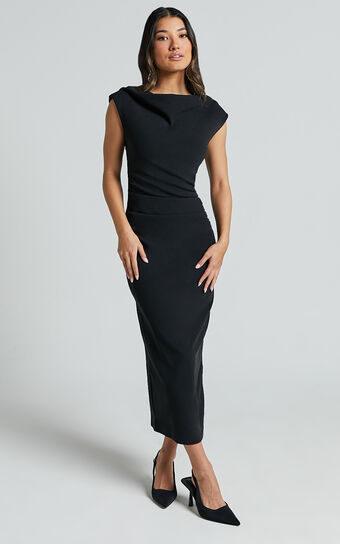 Carmilette Midi Dress - Cowl Neck Ruched Jersey Dress in Black Showpo