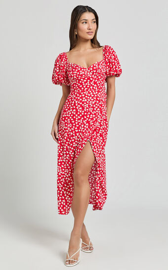 Carlyn Midi Dress - Sweetheart Puff Sleeve Wrap Dress in Red Floral