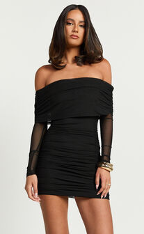 Clyde Mini Dress - Mesh Off Shoulder Ruched Bodycon Dress in Black