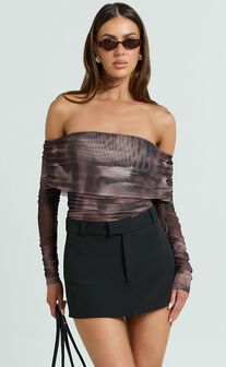 Jambee Top - Long Sleeve Off Shoulder Ruched Mesh Top in Brown Multi