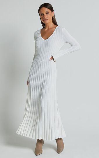 Astra Midi Dress - V Neck Long Sleeve Knit Dress in White Showpo
