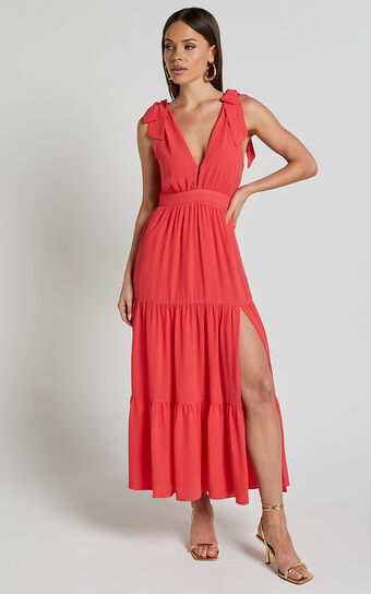 Teri Midi Dress - Tie Shoulder Plunge Tiered Dress in Coral