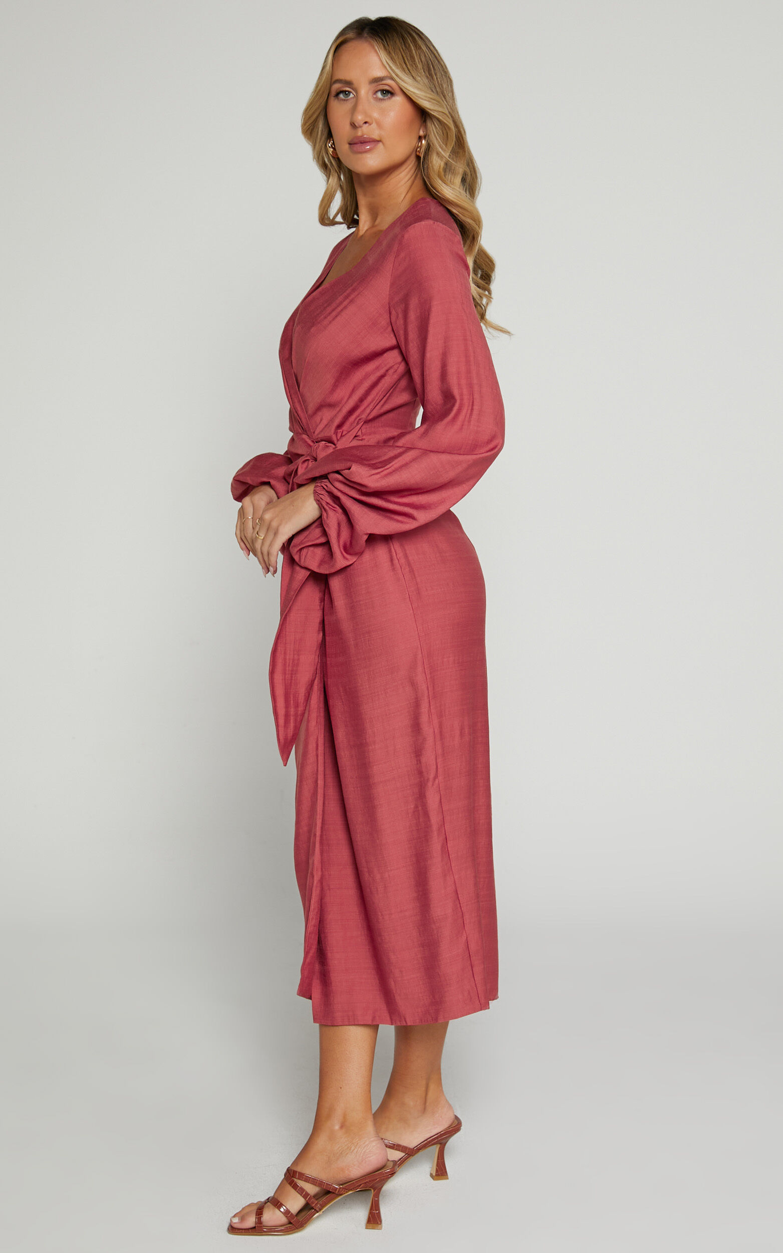 Taylor Midi Dress Long Sleeve Wrap Dress in Clay Showpo