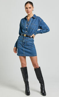 Kamala Mini Dress - Long Sleeve Button Through Denim Dress in Dark Blue Wash