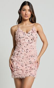 Spencer Mini Dress - Strappy V Neck Feather Sequin Dress in Light Pink