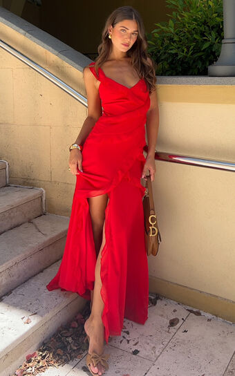 Nitha Maxi Dress - Asymmetrical Frill Thigh Split Dress in Red Showpo