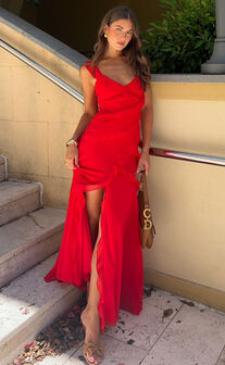 Nitha Maxi Dress - Asymmetrical Frill Thigh Split Dress in Red