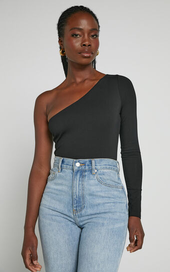 Khanley Bodysuit - One Shoulder Long Sleeve Bodysuit in Black