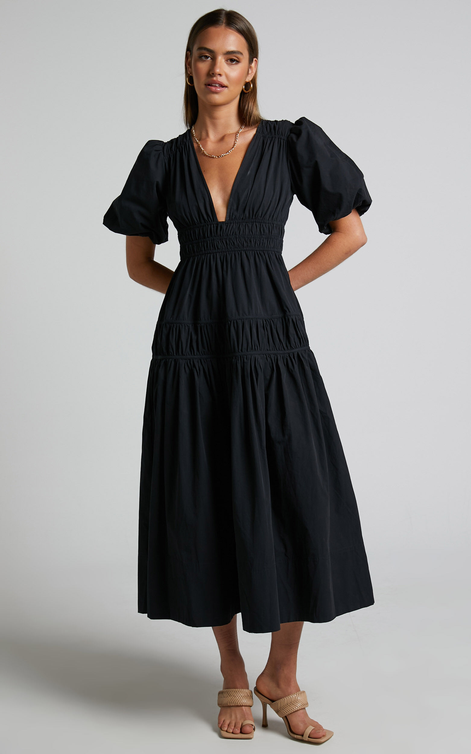Mellie Midi Dress Puff Sleeve Plunge Tiered Dress in Black Showpo