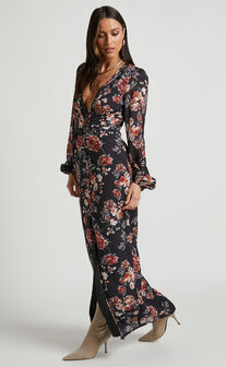 Melina Midi Dress - Strapless Mesh Bustier Thigh Split Dress in Black