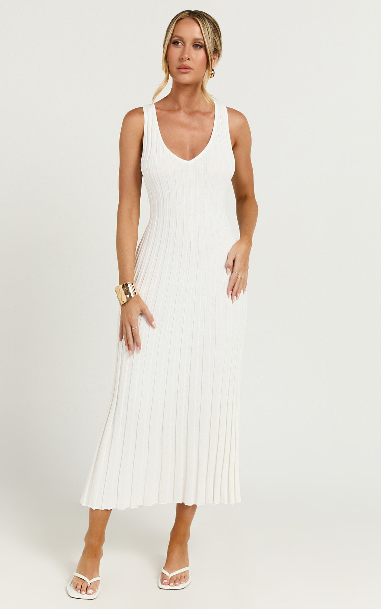 Maya Midi Knit Dress - Sleeveless V Neck Knited Dress in White | Showpo EU