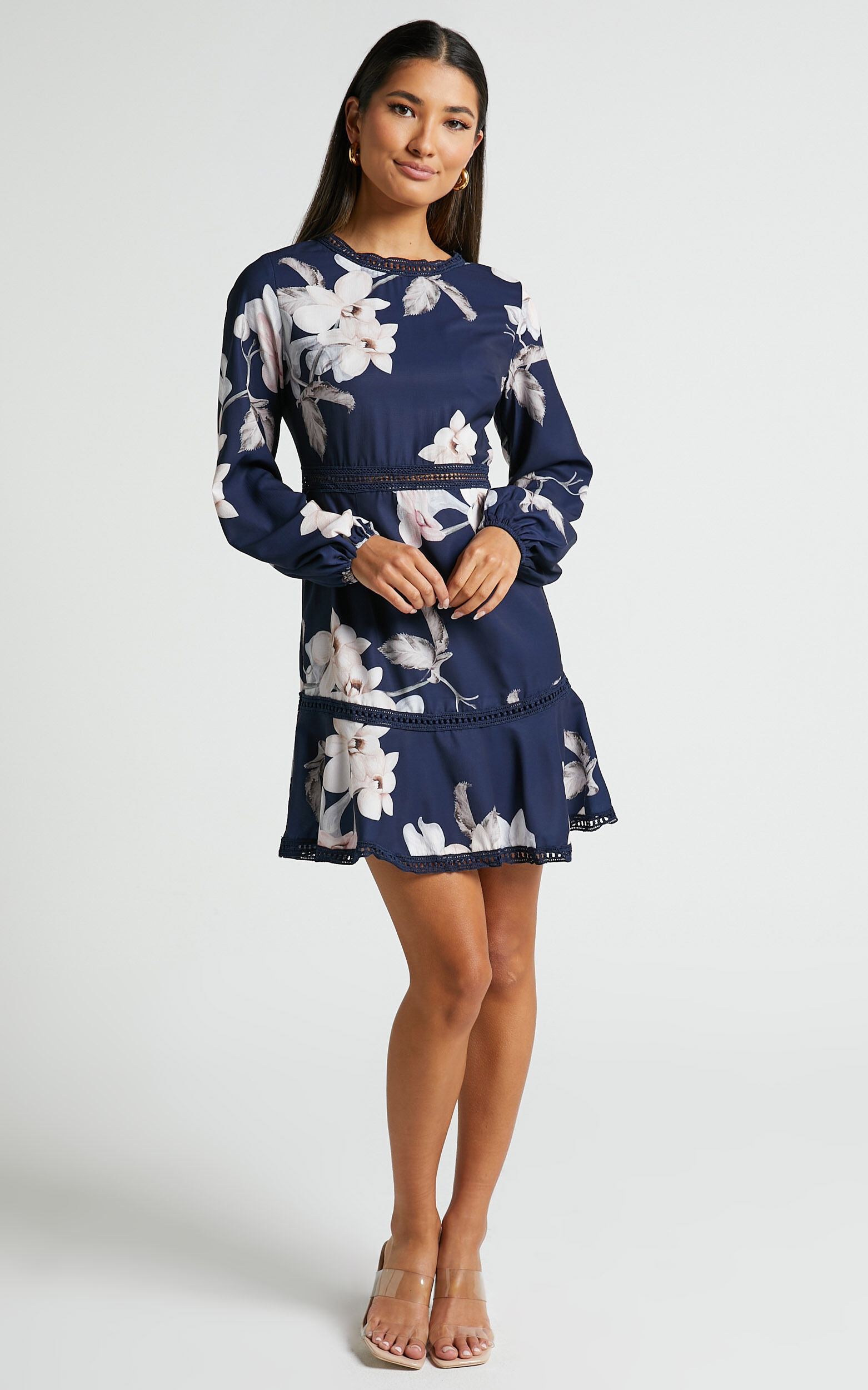 Navy floral dress long sleeve cheap