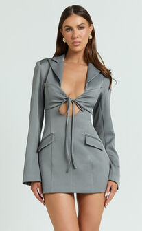 Jamaica Mini Dress - Cut Out Ruched Tie Front Fitted Blazer Dress in Grey