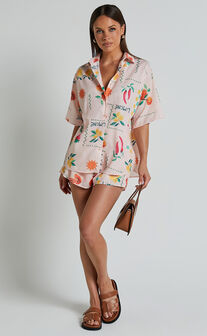 Hazel Two Piece Set - Short Sleeve Shirt & Short Set in Peach Print