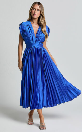 Della Midi Dress - Plunge Neck Short Sleeve Pleated Dress in Cobalt