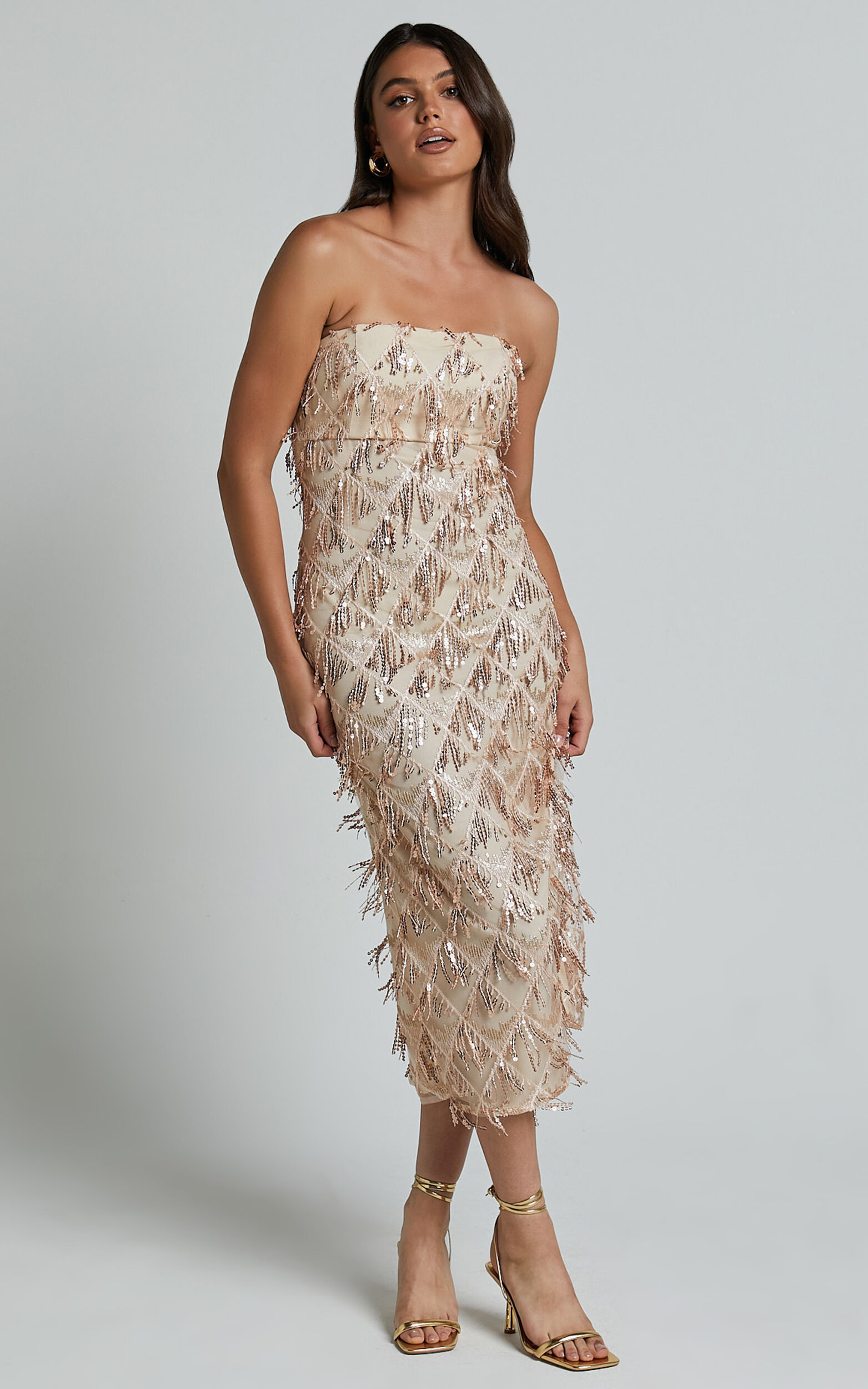 Rose sequin tassel cold shoulder detail midi dress cheap