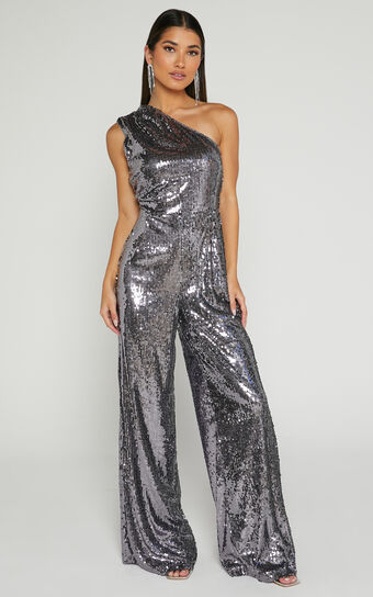 Carissa Jumpsuit - One Shoulder Sequin Jumpsuit in Gunmetal