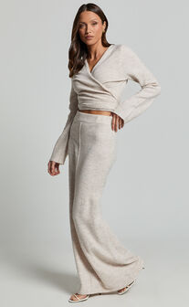 Tessa Top - Knitted Long Sleeve Wrap Cardigan Top in Stone