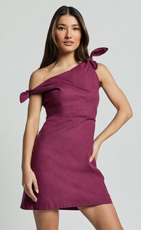 Jeofina Mini Dress - Off The Shoulder Linen Look Dress in Merlot