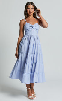Leticia Midi Dress - Twist Front Tie Strap Tiered Dress in Pale Blue