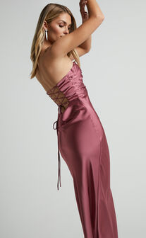 Madelynn Midi Dress - Twist Front Satin Dress in Plum