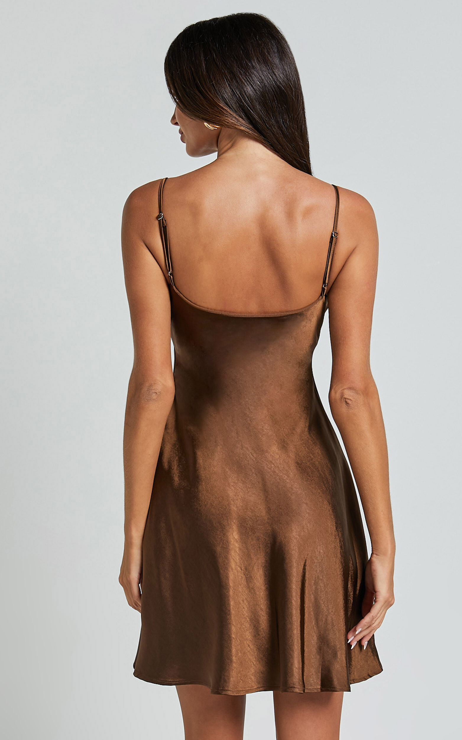 Chanaye Mini Dress Ruched Bust Satin Cami Dress in Chocolate Showpo USA