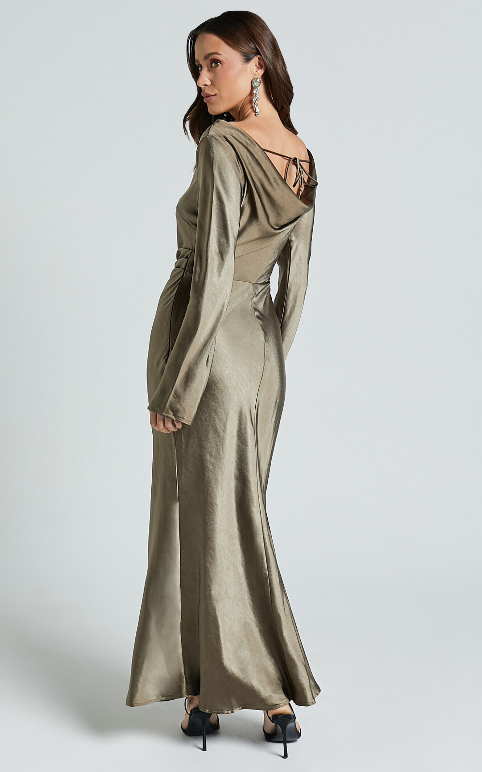 Arriana Midi Dress Long Sleeve Cowl Back Satin Dress in Dark Olive Showpo USA