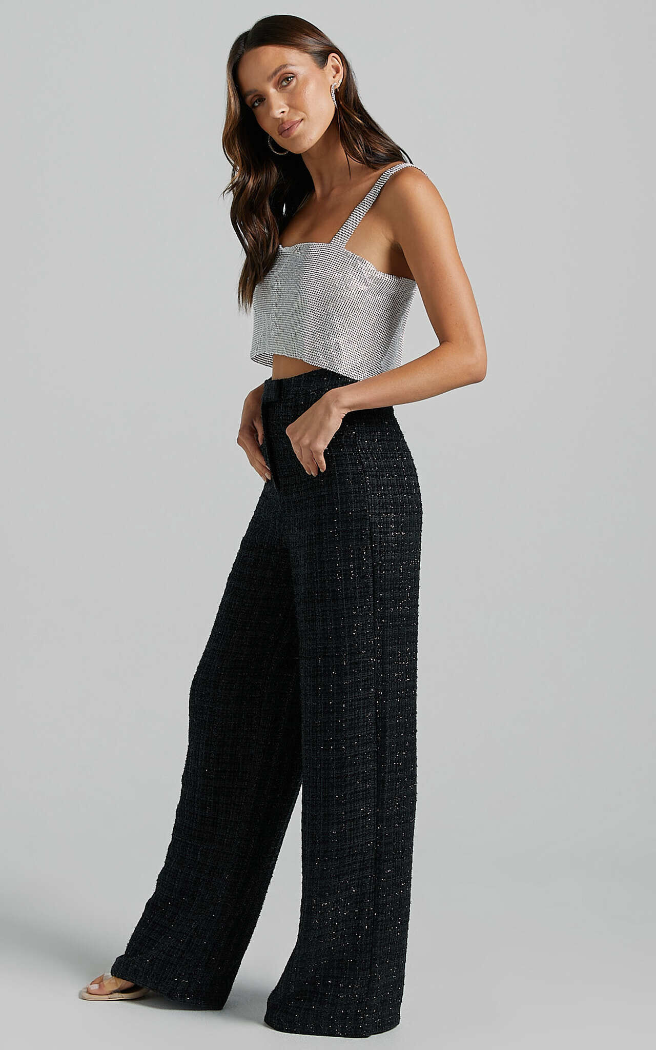 Sequined Tweed Low Waist Pants