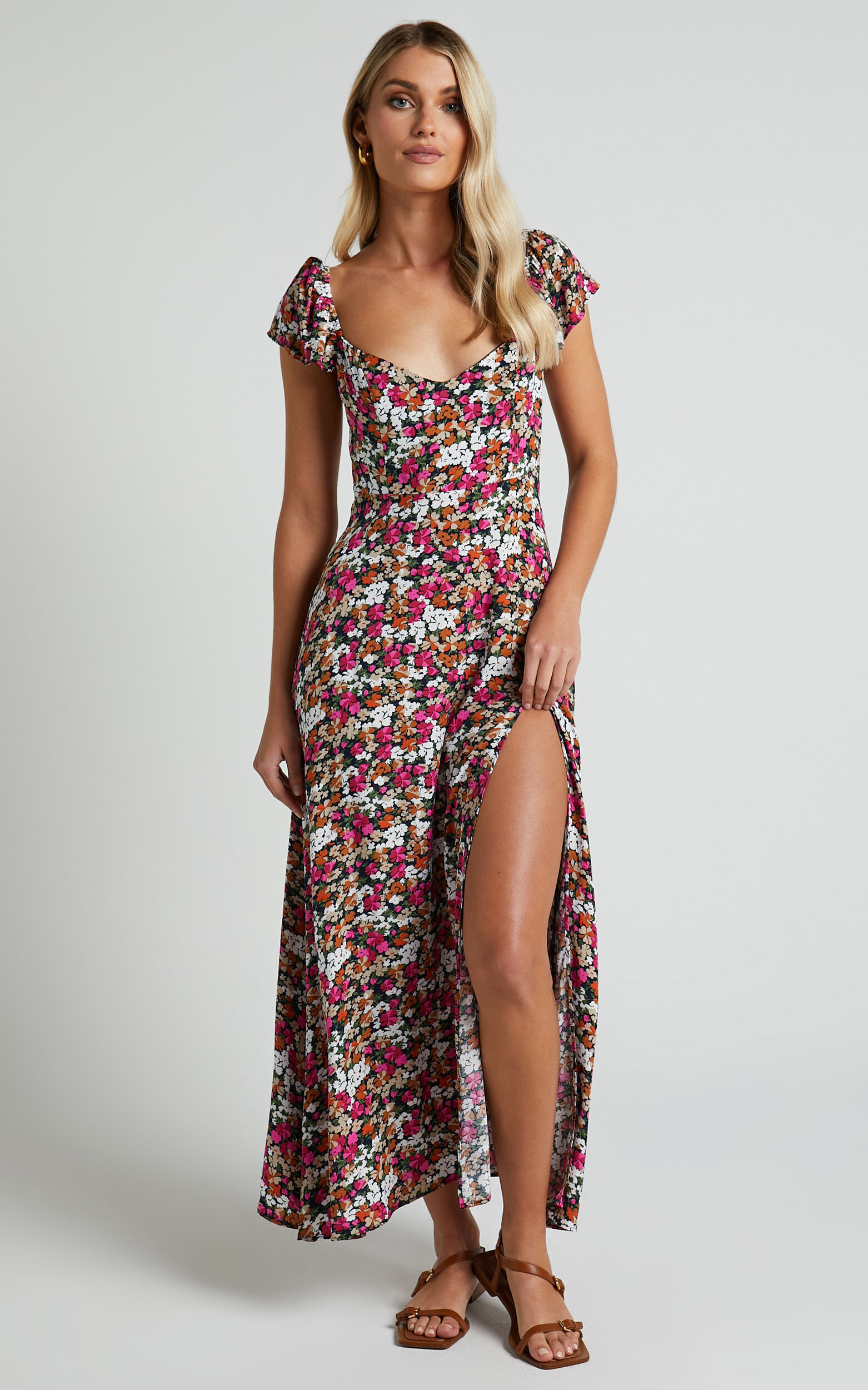 Donissa Midi Dress Thigh Split Flutter Sleeve Dress in Navy