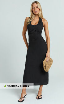 Murray Midi Dress - Deep U Halter Neck Dress in Black