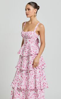 Lorma Midi Dress - Ruched Layered Dress in Pink Floral