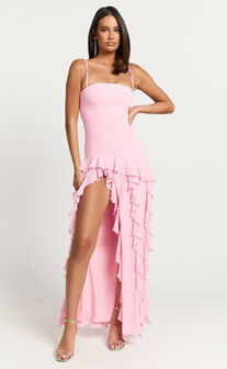 Solange Maxi Dress - Ruffle Hem Strapless Dress in Frost Pink