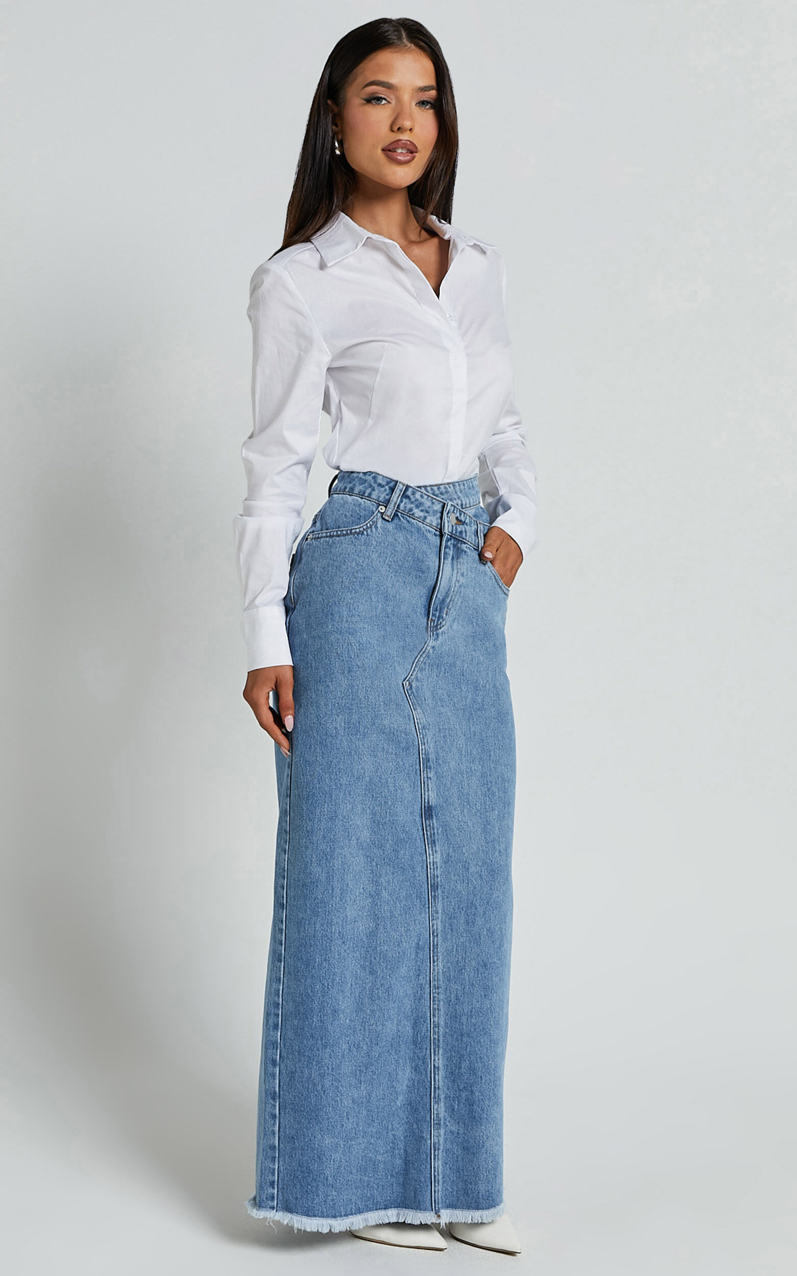 Evelyn Maxi Skirt - High Asymmetrical Waist Frayed Hem Denim Skirt in Mid  Blue Wash