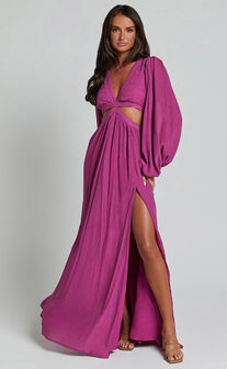 Paige Maxi Dress - Side Cut Out Balloon Sleeve Dress in Orchid
