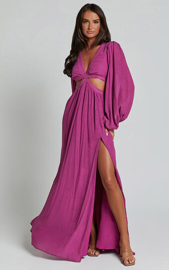 Paige Maxi Dress Side Cut Out Balloon Sleeve in Orchid Showpo