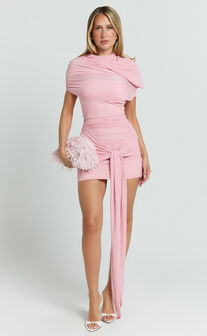 Nicolette Mini Dress - Ruched Short Sleeve Bodycon Dress in Blush