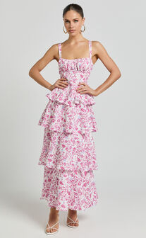 Lorma Midi Dress - Ruched Layered Dress in Pink Floral