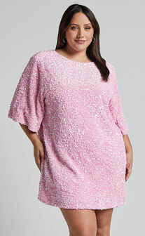 Valetta Mini Dress - Sequin low back shift dress in Pink Sequin