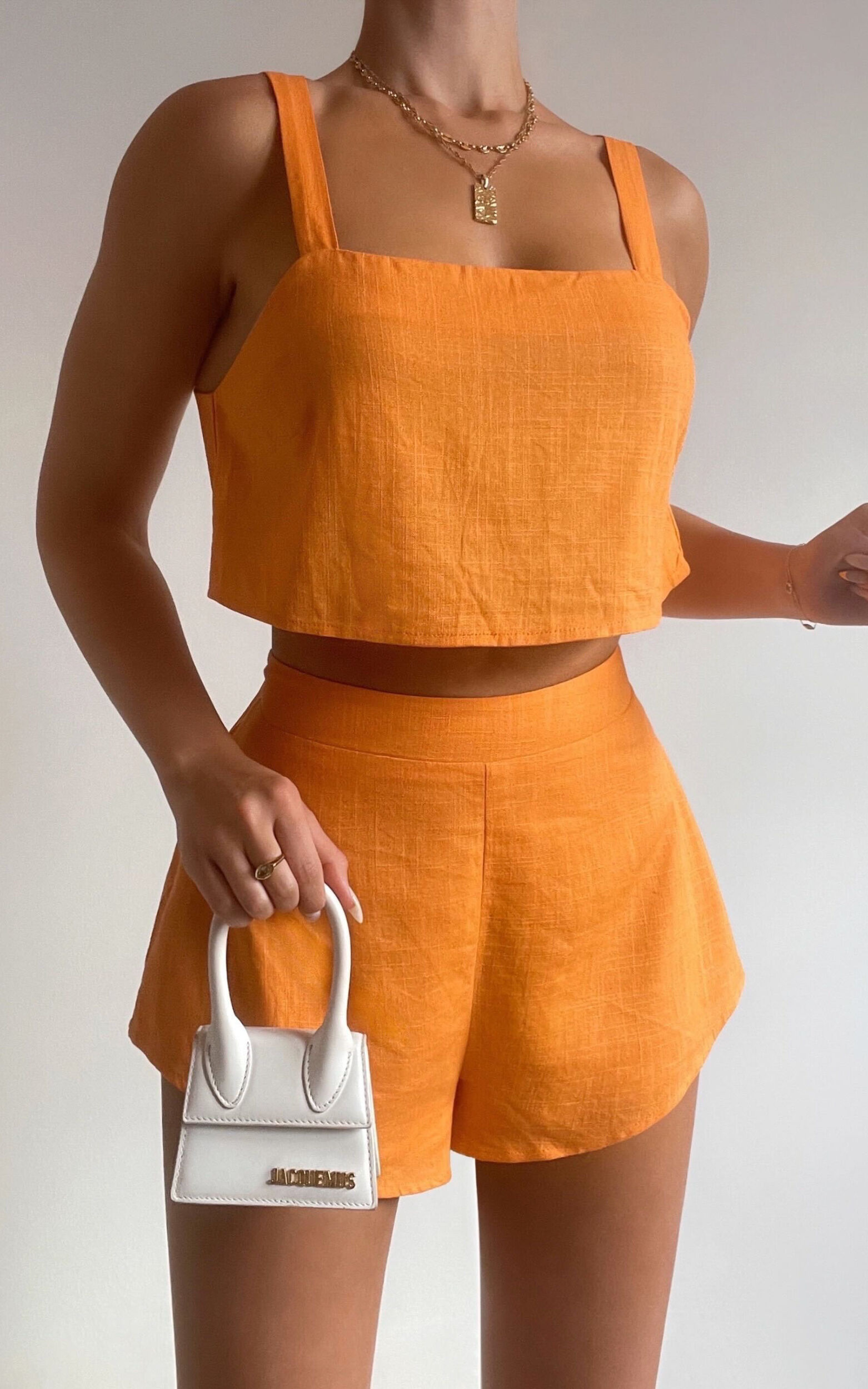 Zanrie Two Piece Set Linen Look Square Neck Crop Top and High Waist Mini Flare Shorts Set in Orange Showpo USA