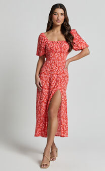 Caitlin Midi Dress - Puff Sleeve Thigh Split Dress in Orange