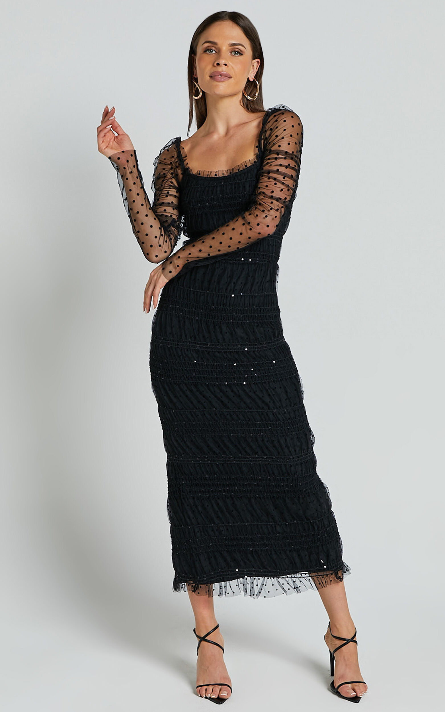Evelyn Midi Dress - Long Sleeve Shirred Tulle Dress in Black Polka ...