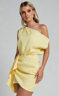 Niana Mini Dress - Drape One Shoulder Dress in Lemon