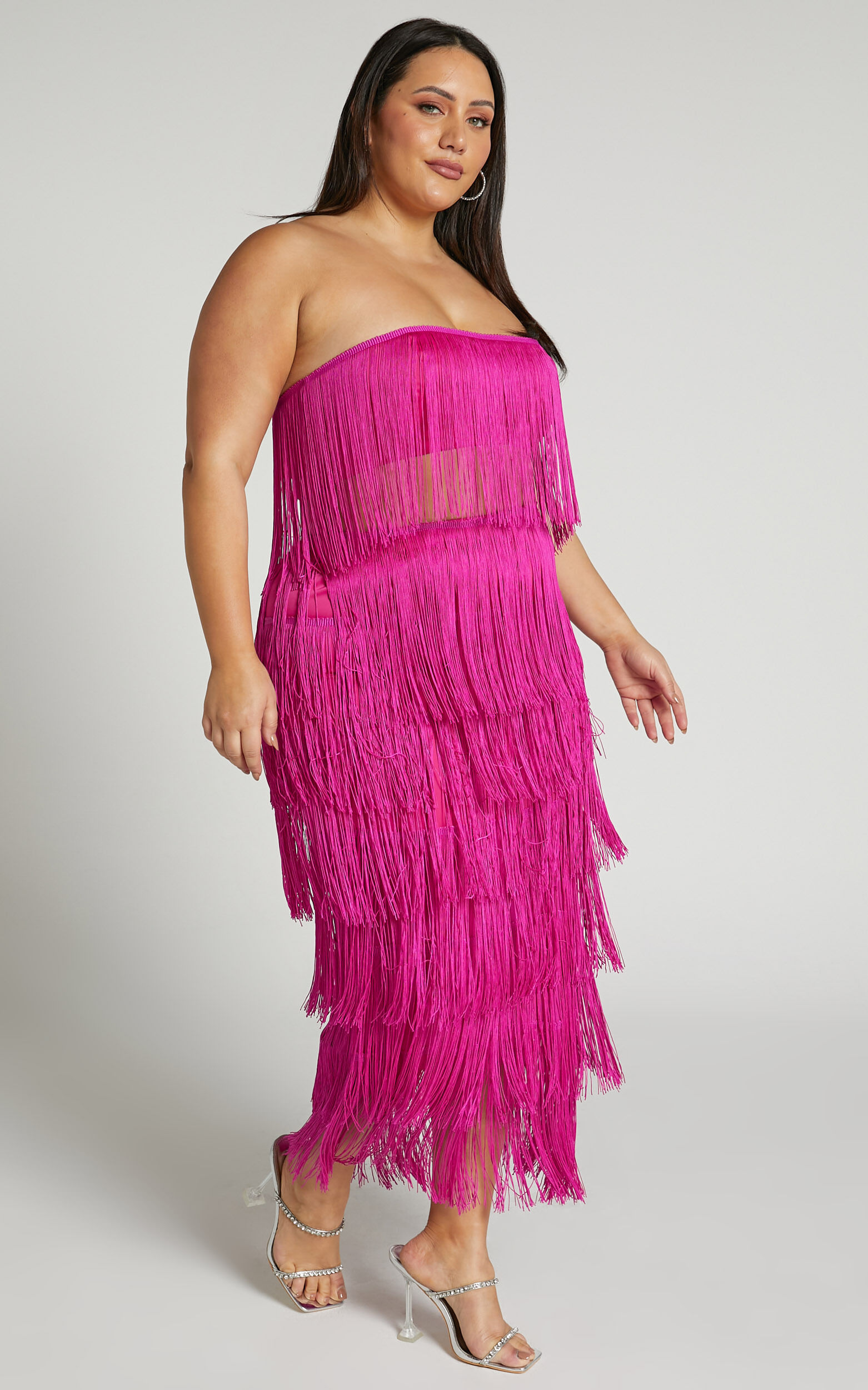 Amalee Two Piece Set Fringe Strapless Crop Top and Midi Skirt Set in Pink Showpo USA