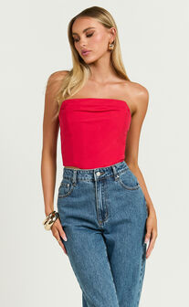 Marcelle Top - Strapless Cowl Corset Satin Top in Red