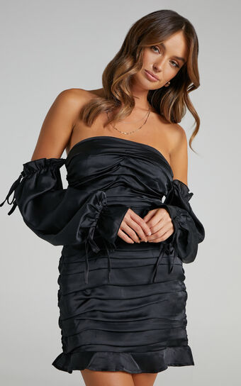 Arianne Off Shoulder Pin Tuck Mini Dress in Black
