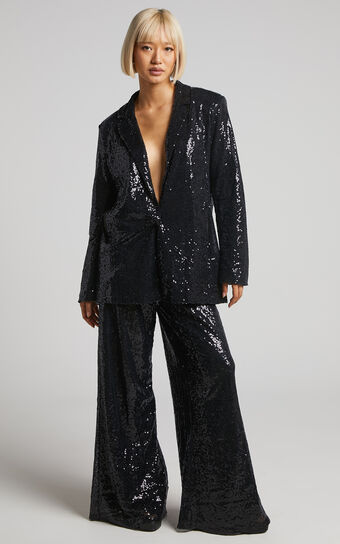 Looma Sequin Pants - High Waisted Super Wide Leg Pants in Black